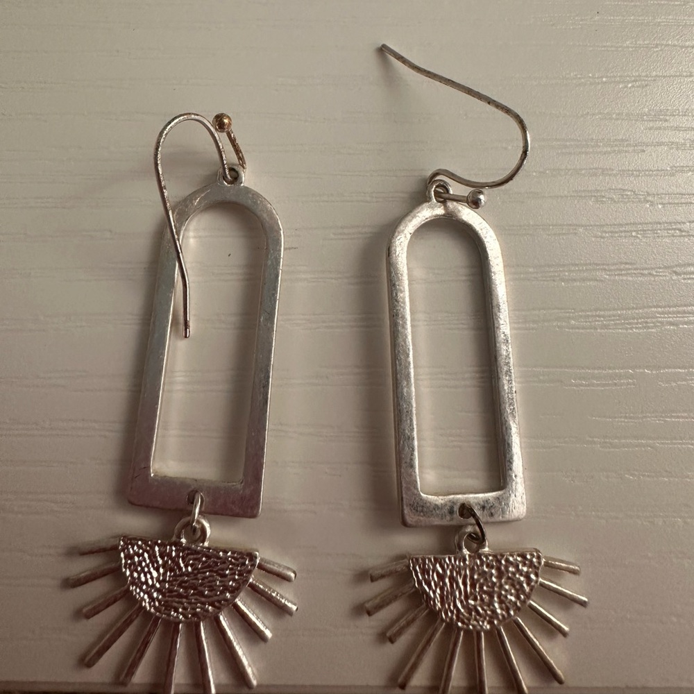 Silver Drop Geometric Earrings with Sunburst Charm